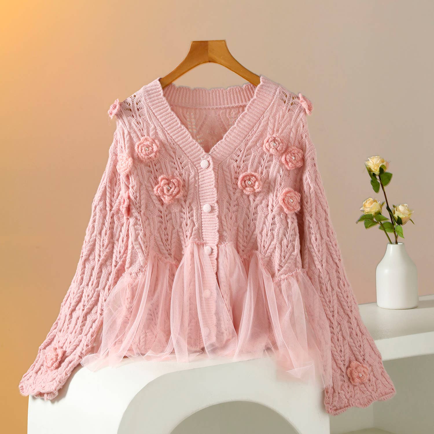 PEACH ACCESSORIES - Wholesale Cardigan - Dames - Superzacht vest met rozenbloemdetails SK13112