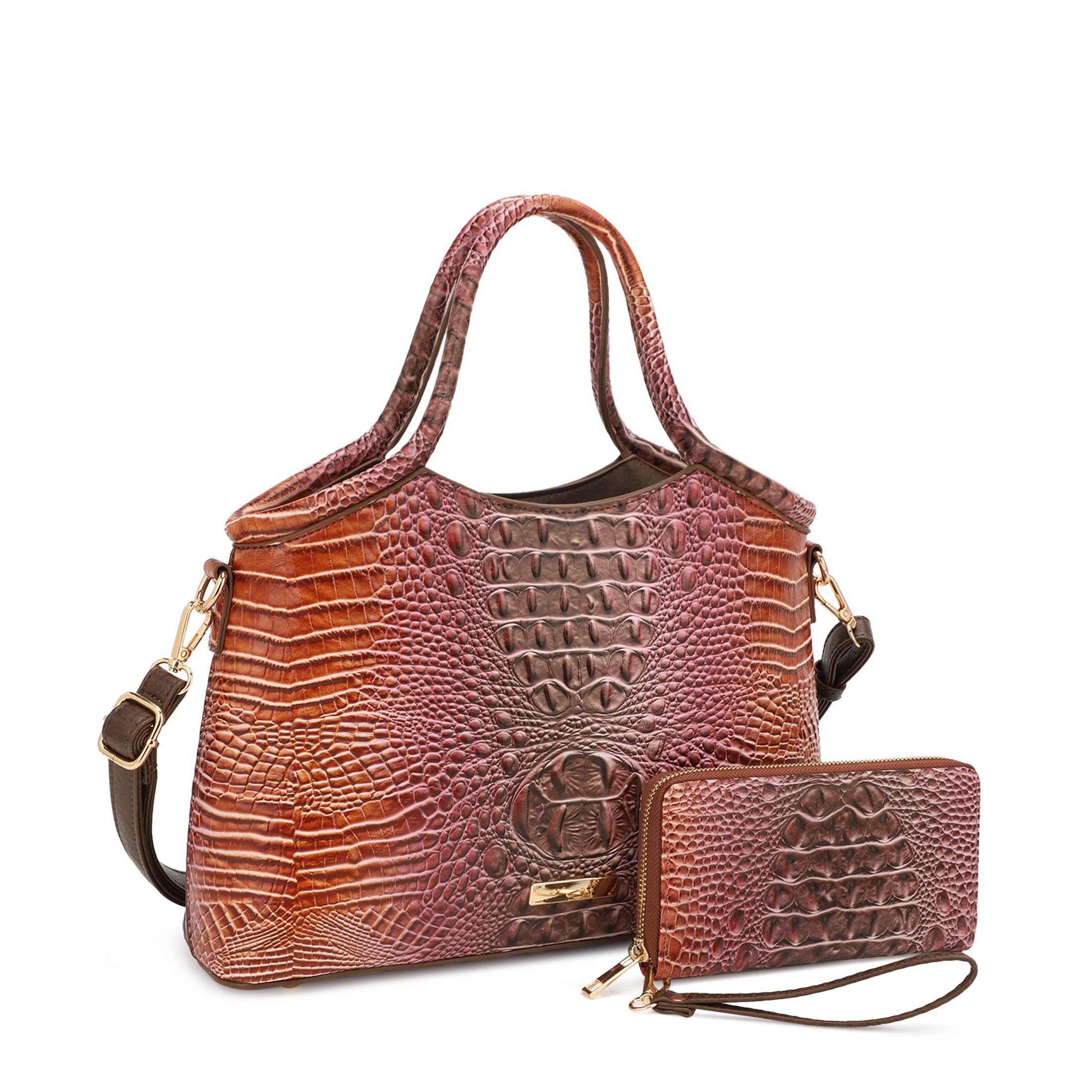 KAYLA+AVA – wholesale Axelremsväskor – Dam – Serendipity ombréhandväska med krokodilprägling och matchande plånbok4
