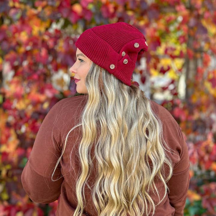 Red Sprite Hats - Wholesale Beanie - Women's - Button Up Beanie, Hidden Messy Bun Ponytail Winter Hat6