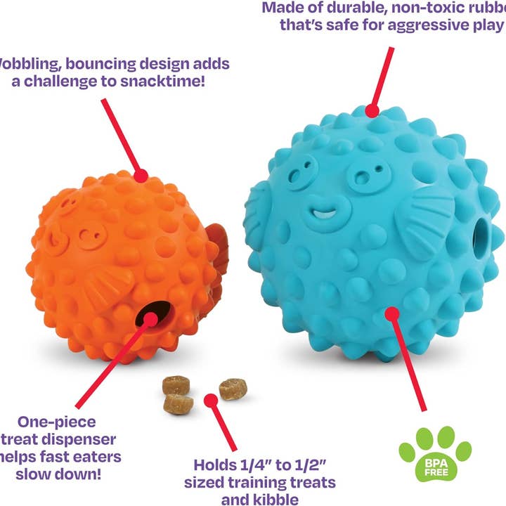 Hunger for Words and Brightkins - Wholesale Pet Toy - Dog - Brightkins™ Tough & Tumble Treat Dispenser Small Pufferfish2