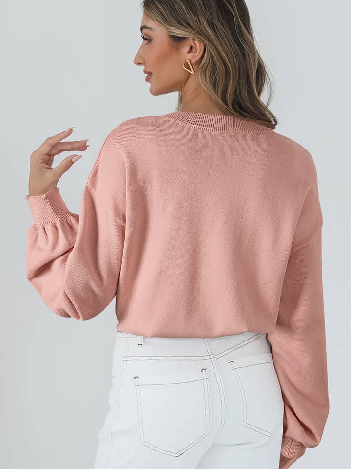 Pfirsichblüte Pfirsichblüten Großer Blumenakzent Blasenärmel Pullover mit überschnittenen Schultern für den Großhandel auf Faire1