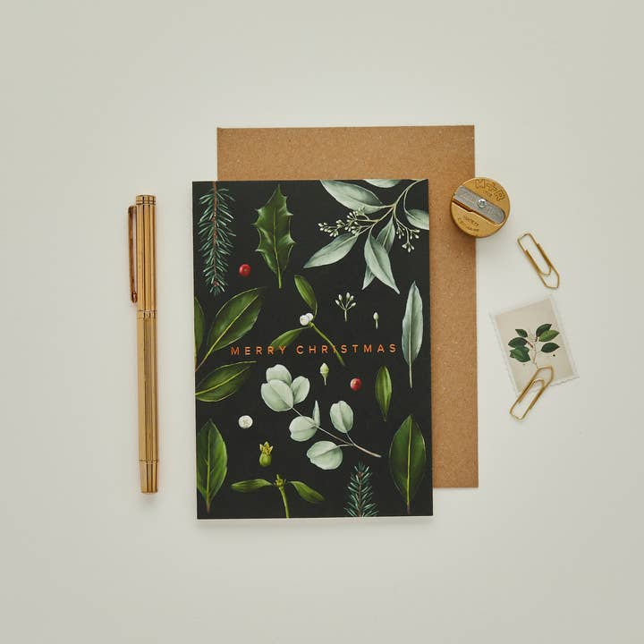 Greenery - Black - Christmas Card for wholesale by Catherine Lewis Design