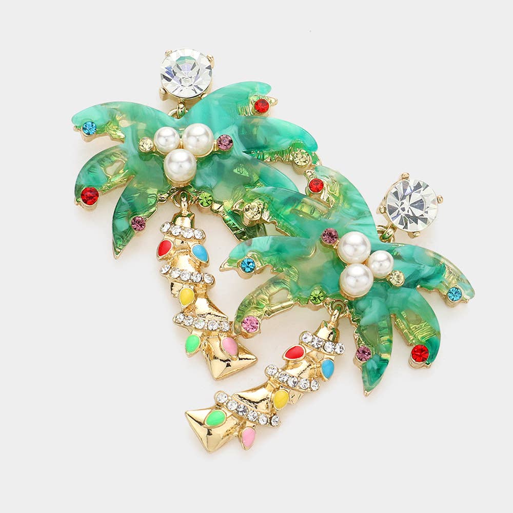 Sensibling Corp. - Wholesale Dangle Earrings - Pearl Stone Embellished Celluloid Acetate Palm Tree Dangle Earrings0