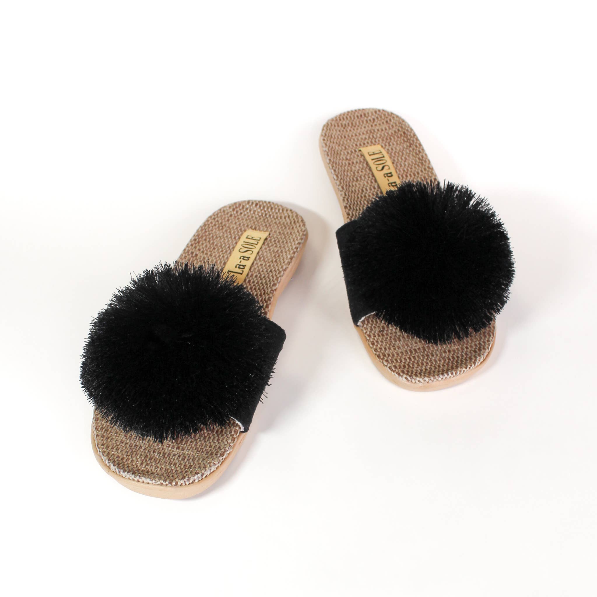 La-a SOLE - Vente Claquettes – femme - Slides Pom Pom – Noir | Sandales d'été à enfiler pour femmes2