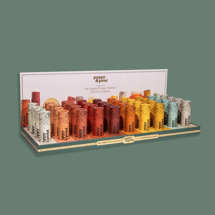 Poppy & Pout - Wholesale Retailer Display - Beauty & Wellness - Magnetic Sign, Lip Balm, Fits 40-Tube Display1