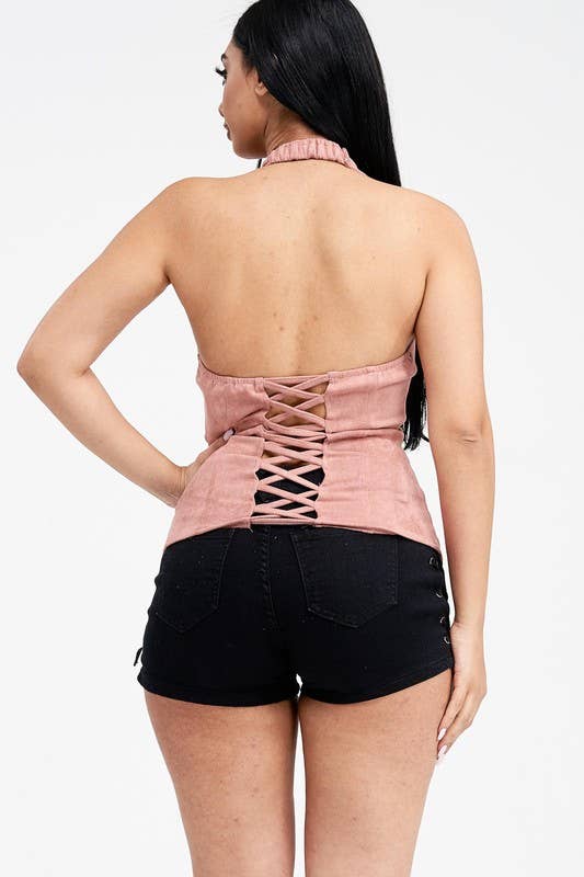 Lydia USA - Wholesale Blouse - Women's - Lace Up Collar Halter Suede Top7