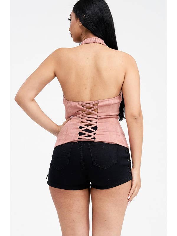 Lydia USA - Wholesale Blouse - Women's - Lace Up Collar Halter Suede Top7