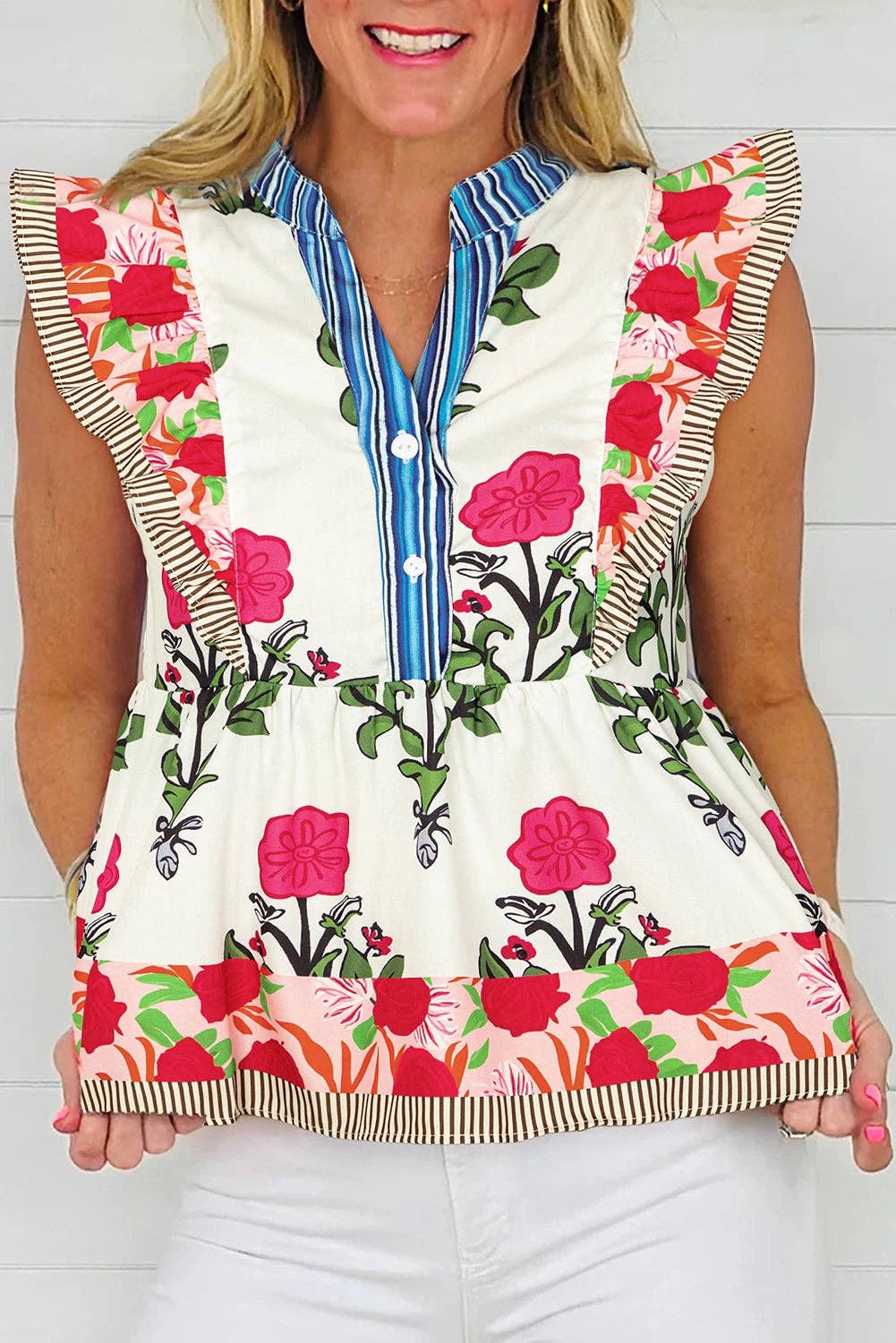 Pink Floral Print Tie Neck Striped Detail Flutter Sleeve Blouse for wholesale on Faire