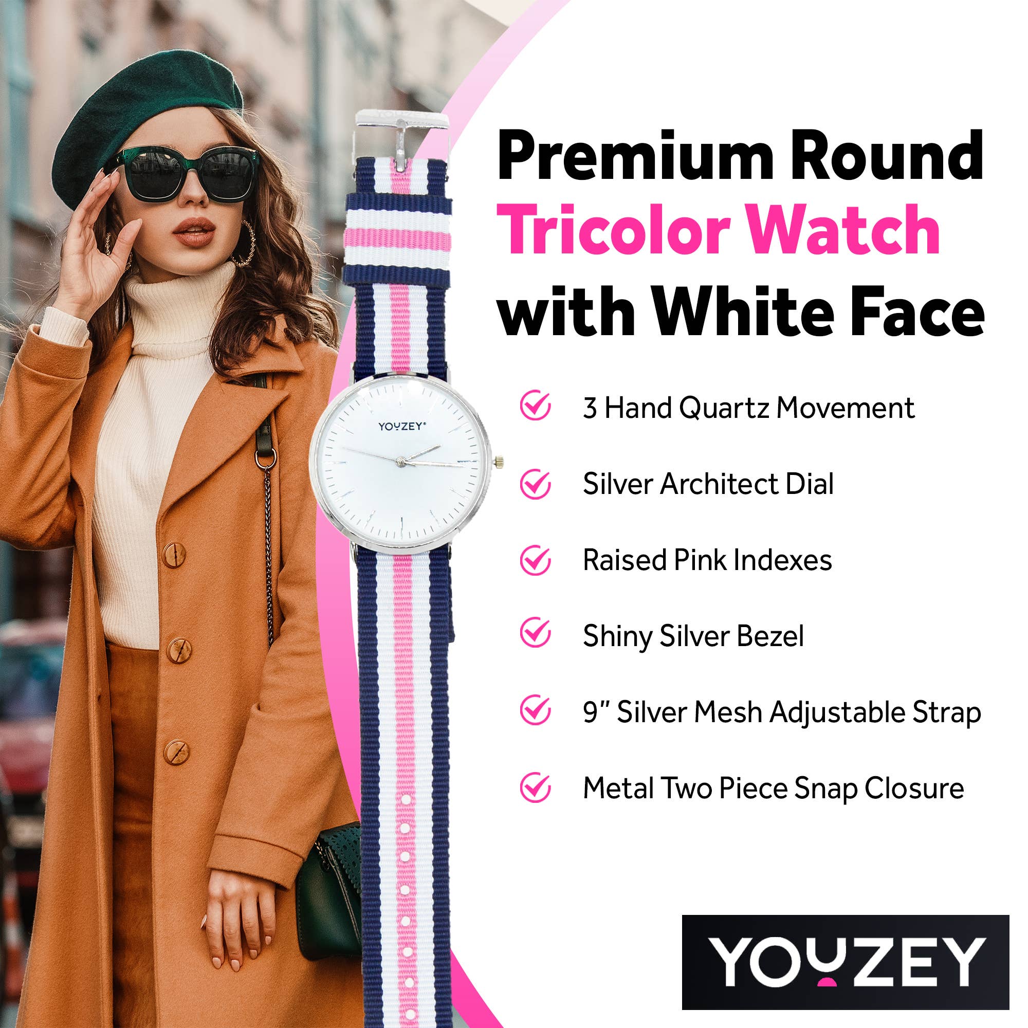 Pink White Black Preppy Pink/Navy Stripe Nylon Strap Watch for wholesale on Faire7