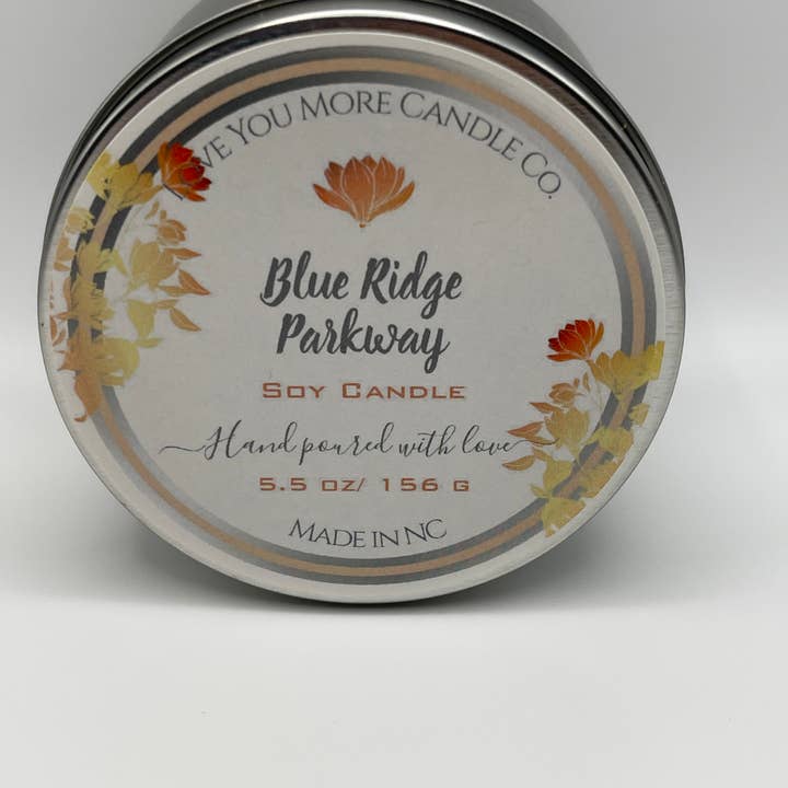 Blue Ridge Parkway soy candle 8 oz tin for wholesale by Love You More Candle Company