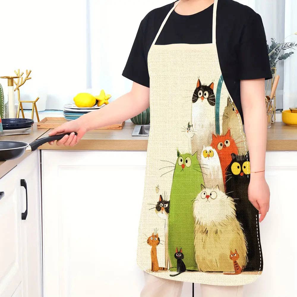Huis Van Merken - Wholesale Apron - 1pc Whimsical Cartoon Cats Linen Apron3