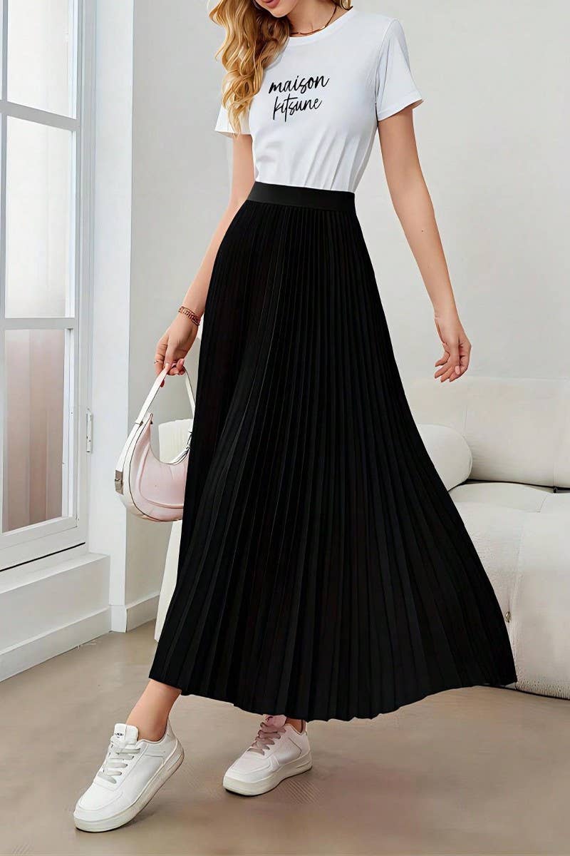 BLACK CWBLS0513_PLEATED FLARED A-LINE POLYESTER MIDI SKIRT for wholesale on Faire3