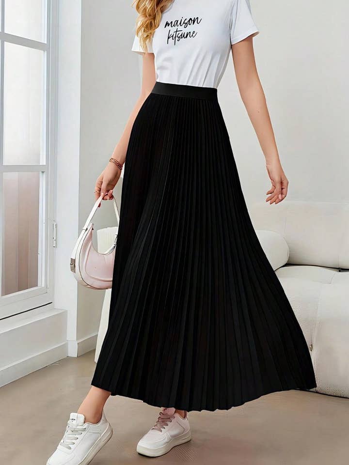 BLACK CWBLS0513_PLEATED FLARED A-LINE POLYESTER MIDI SKIRT for wholesale on Faire3