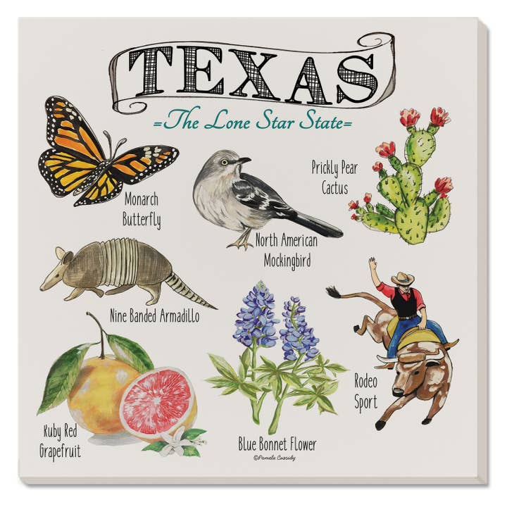 "Texas State Icons" Ceramic Stone Trivet 8" Square for wholesale by CounterArt/Highland Home/Thirstystone