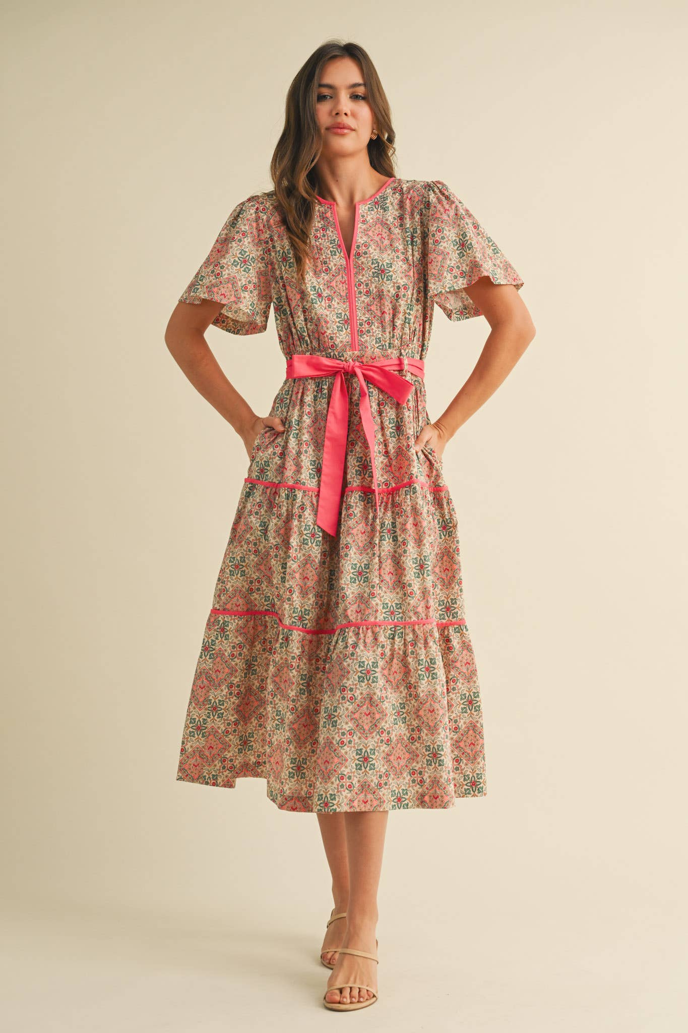 &MERCI - Vente Robe – femme - ROBE MIDI IMPRIMÉE À LIENS CONTRASTÉS MDR3821