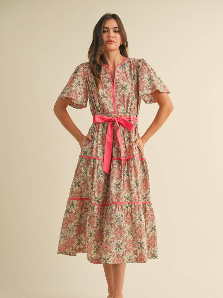 &MERCI - Wholesale Dress - Women's - CONTRAST BINDING PRINTED MIDI DRESS MDR3821