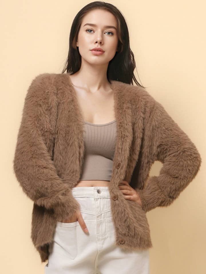 Cardigan à col en V en faux vison de couleur unie pour femme SKT4730 pour la vente par Sweetkama