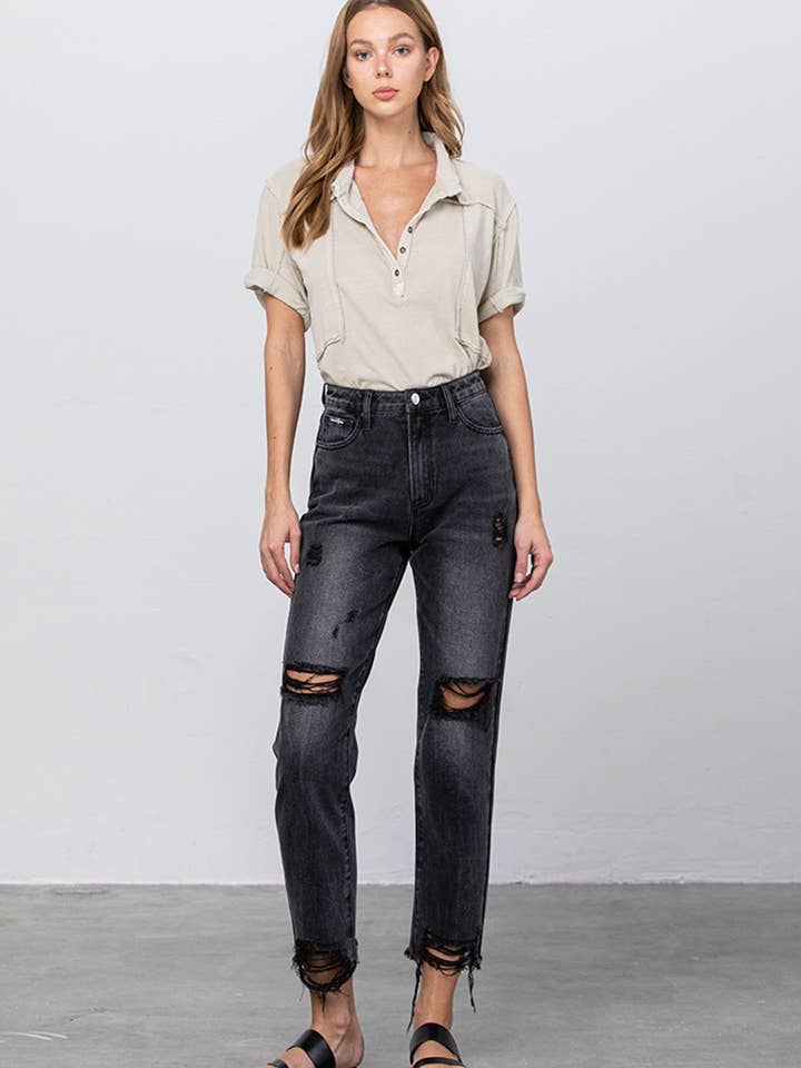High Waist Ripped Frayed Hem Crop Mom Jeans for wholesale by Insane Gene USA