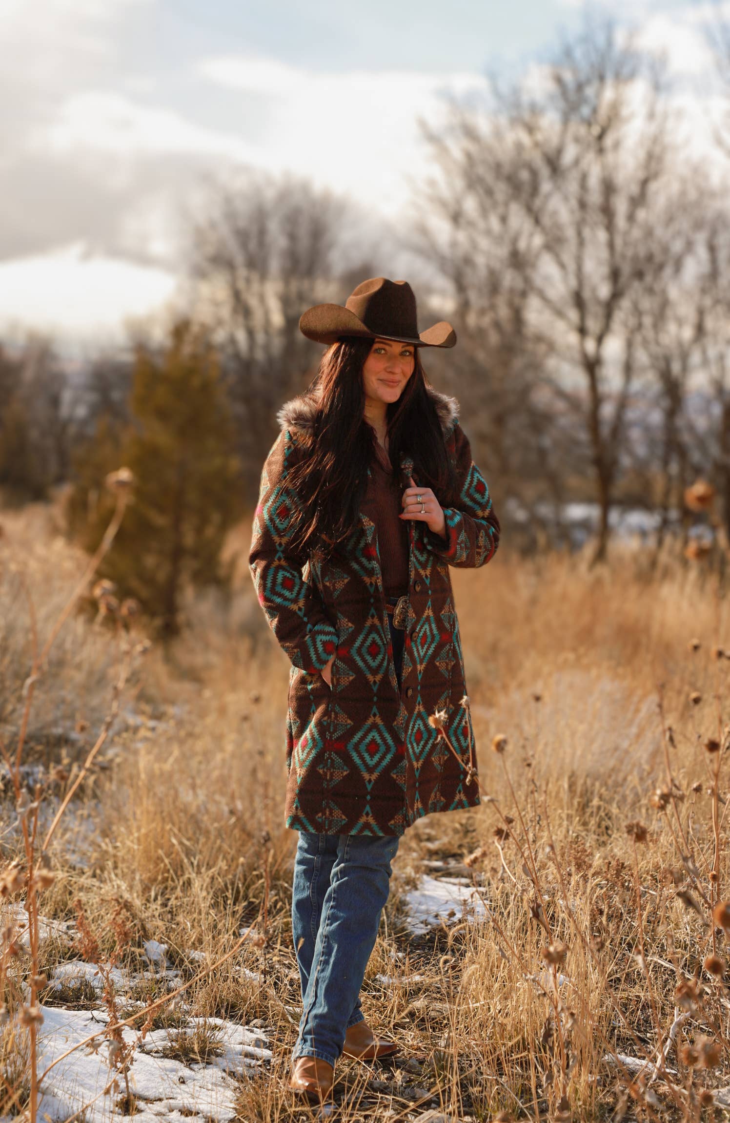 TURQ Ladies Long Aztec Jacket/ Coat with Removable Fur- L-25608 for wholesale on Faire1