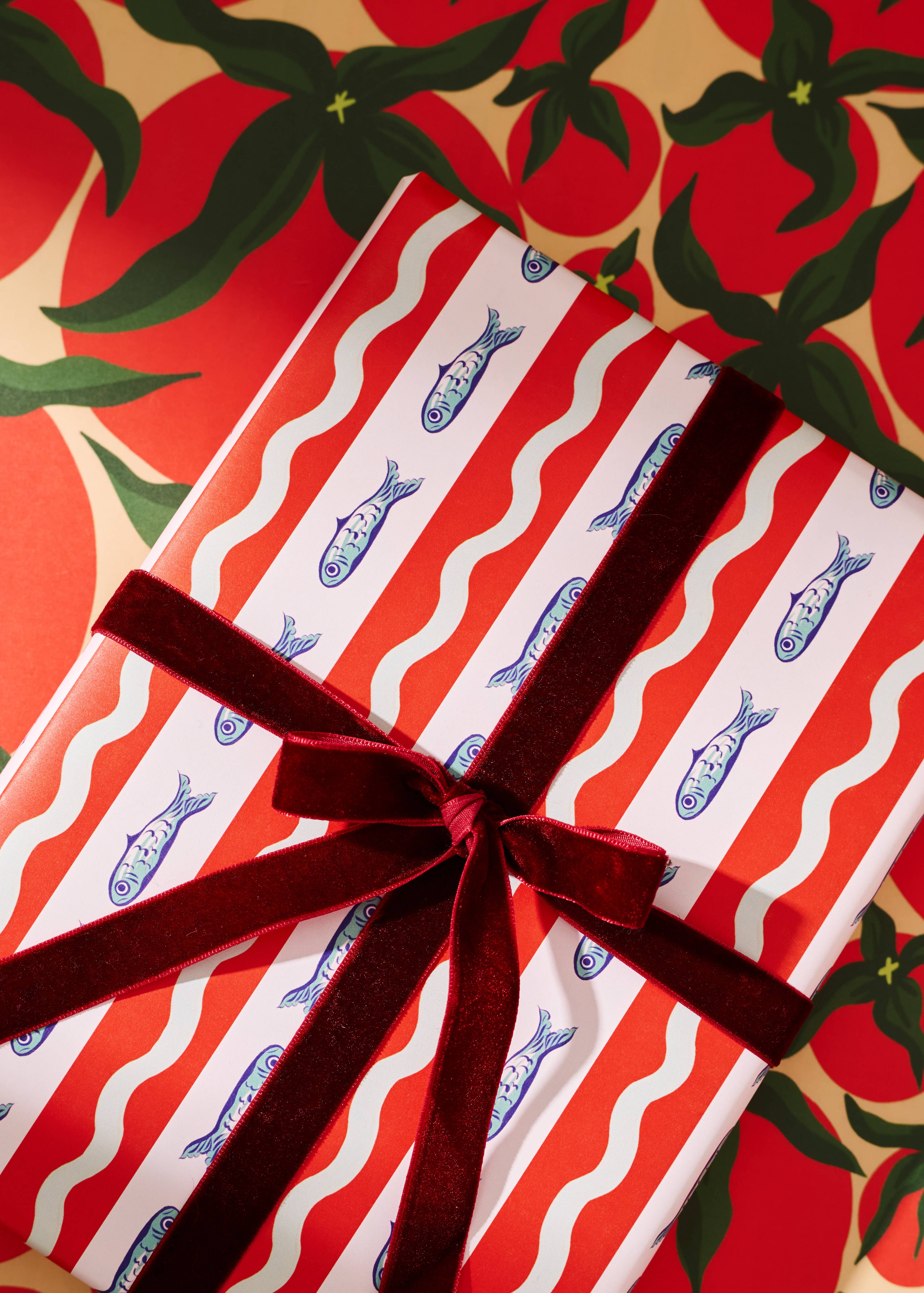 One & Only Paper - Wholesale Wrapping Paper Roll - Squiggle Sardine Stripe & Tomato Double Sided Gift Wrap Set1