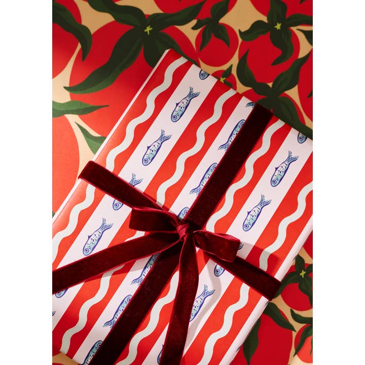 One & Only Paper - Wholesale Wrapping Paper Roll - Squiggle Sardine Stripe & Tomato Double Sided Gift Wrap Set1