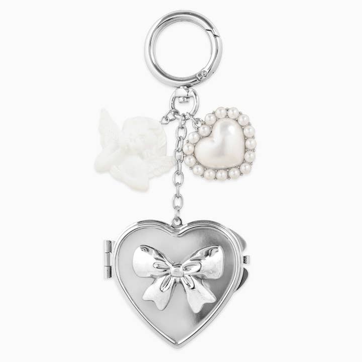 Sessori - Wholesale Sleutelhanger - Dames - Engelenkus Spiegelmedaillon met Parel Hart Tasbedel