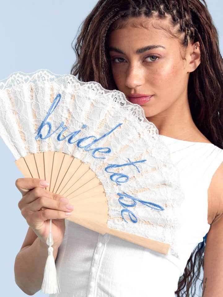 Bride to Be Fan - lace embroidered folding fan, Blue Gift, Bachelorette Party for wholesale by xo, Fetti