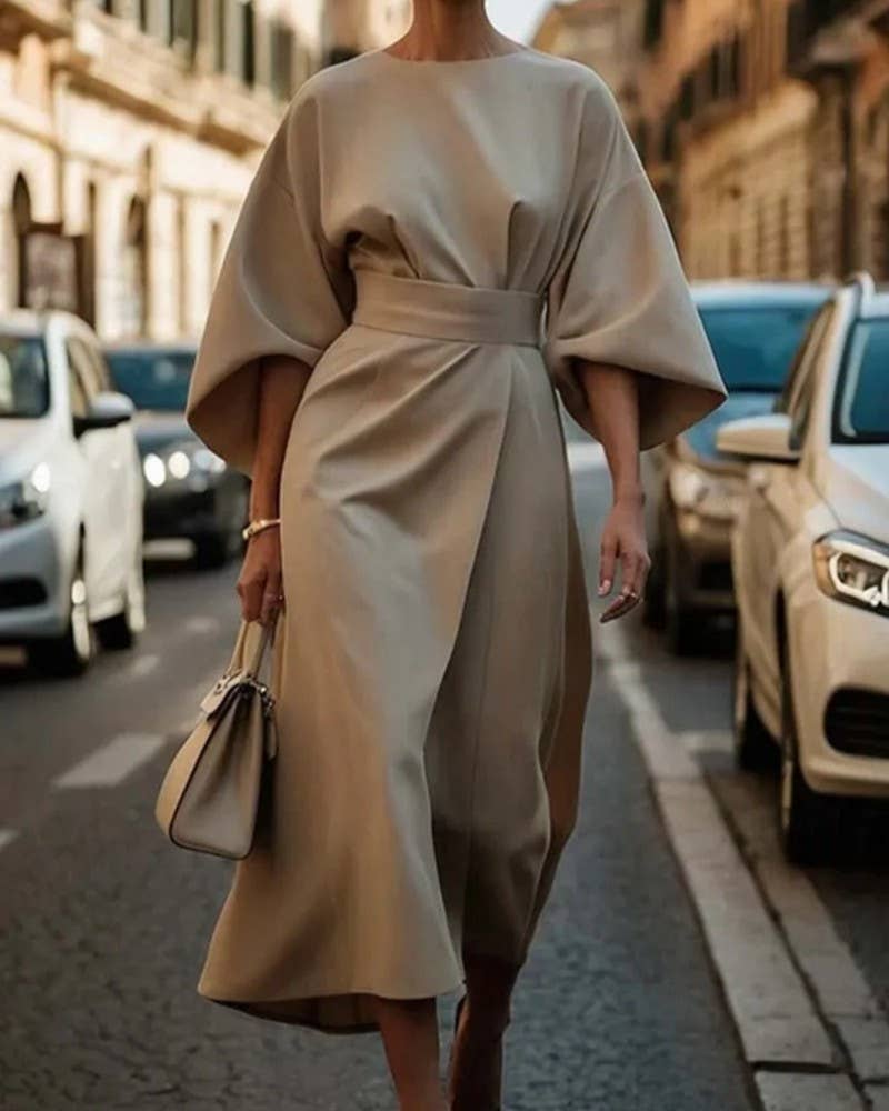 Rosa Clothing - Wholesale Dress - Women's - Fashionable Solid Color Cinched Waist Dolman Sleeve Dress7