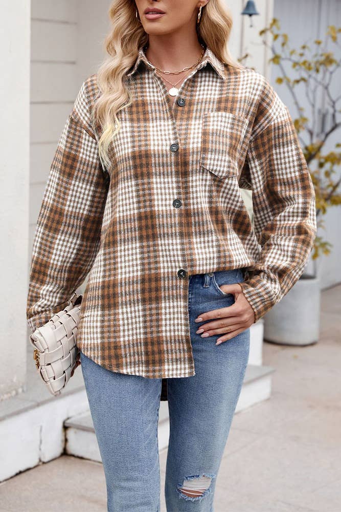 UNISHE - Wholesale Overhemd met knopen - Dames - Fall Flanellen geruit overhemd met knoopsluiting en zak MD13612