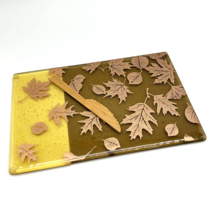 Falling Autumn Leaves 7x11" Fused Glass Cheese Plate for wholesale by Kiku Handmade | Contemporary Fused Glass Home Goods