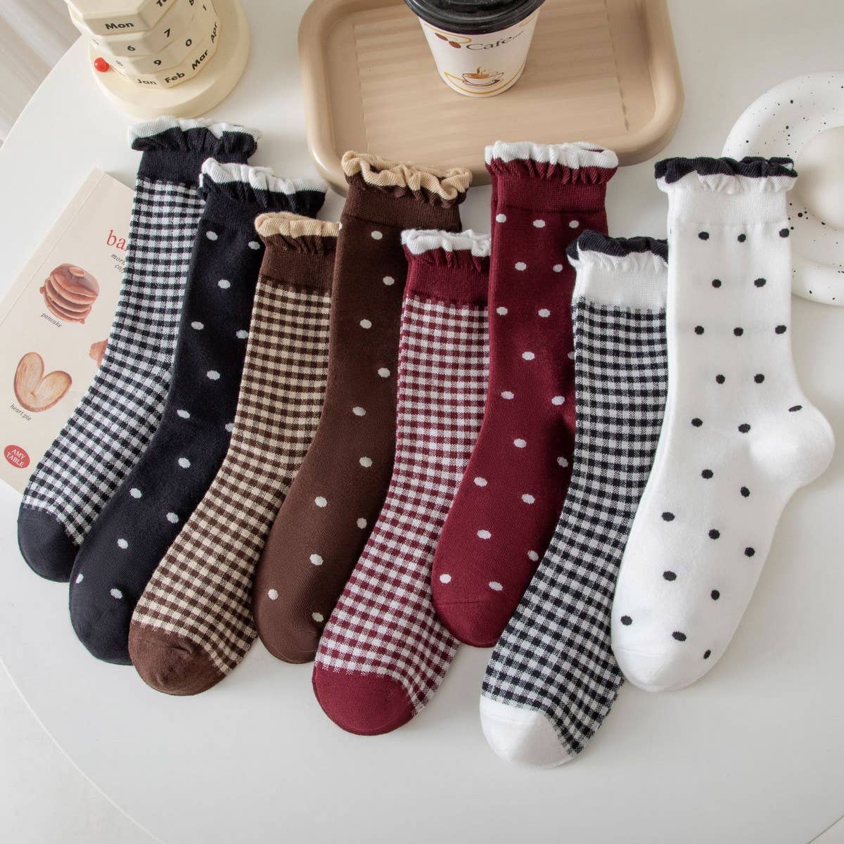 NINEXIS - Vente Chaussettes – femme - CWMS02981_CHAUSSETTES FEMME À CARREAUX À POIS AVEC VOLANTS ET COUPE DÉCONTRACTÉE8