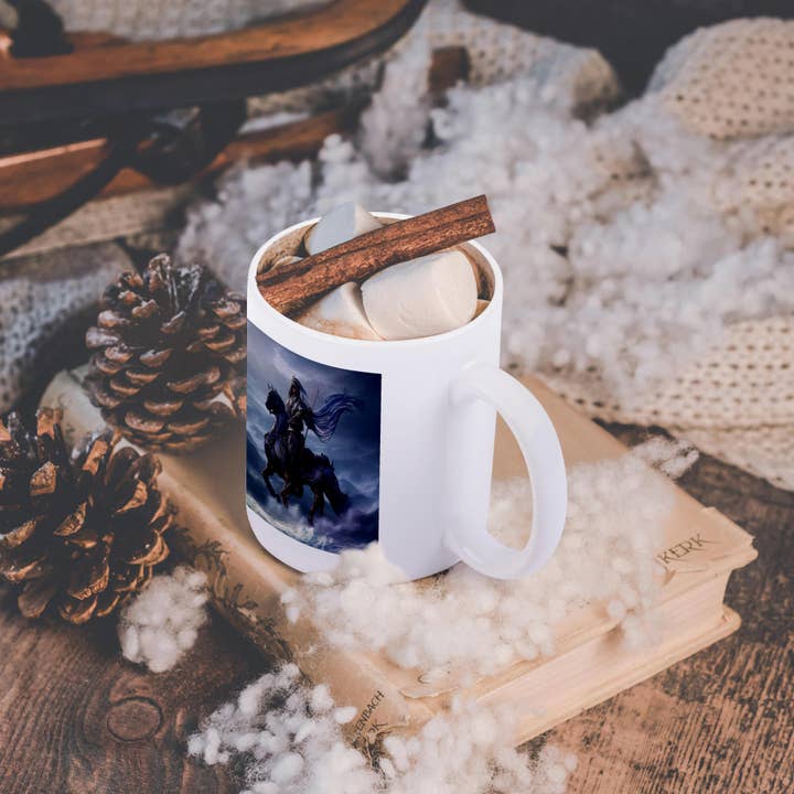 3dRose - Wholesale Coffee Mug - 3dRose, Fantasy dark knight in armor on a horse. Sea waves, wind digital art, Mug11