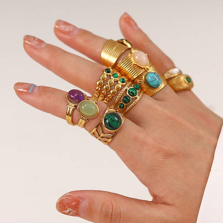ACCITY - Wholesale Cocktail/Statement Ring - GOLD STAINLESS STEEL INLAID NATURAL STONE RINGS_CWAJE0611