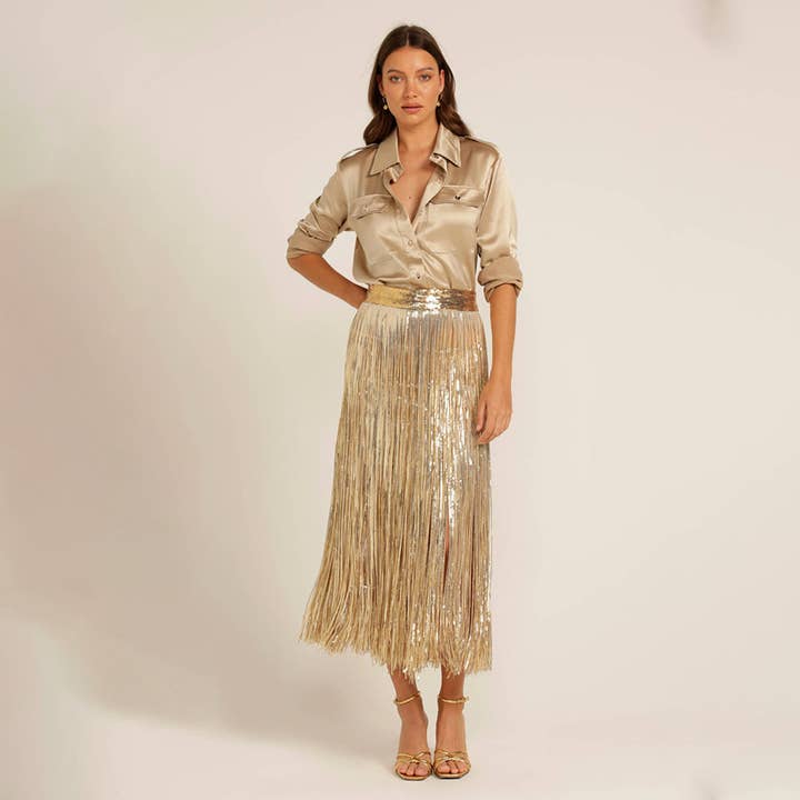 Love, Bonfire the Label - Wholesale Skirt - Women's - Where Women Glow Gold Sequin Fringe Skirt4