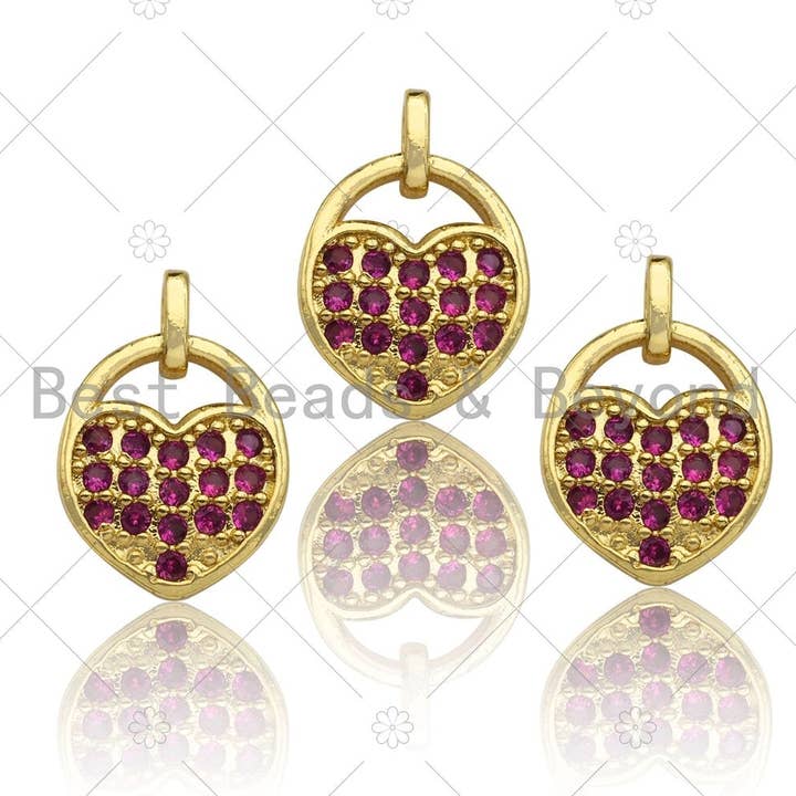 CZ Micro Pave Charm Coeur Fuchsia, Charme coeur Fuchsia CZ, Pendentif Serrure Pavé, Serrure Dorée, 11x15mm, Sku #LK79 pour la vente par BestBeads&Beyond