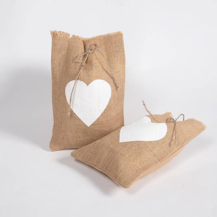 White Heart Jute Drawstring Bags (set of 2) for wholesale by IndieRoots