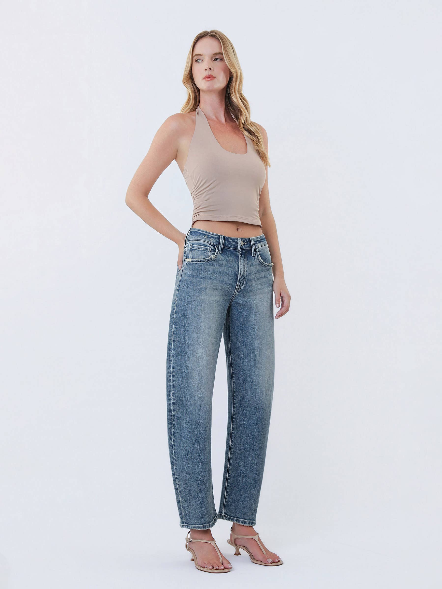 ELEGANT GLANS HØJ TALJE ANKEL SLIM BARREL JEANS F6272 for engroshandel på Faire4