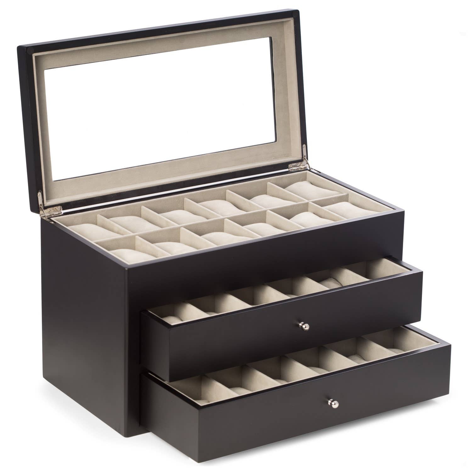BeyBerk International - Wholesale Jewelry Box/Organizer - Watch Case - Matte Black Wood for 36 Watches1