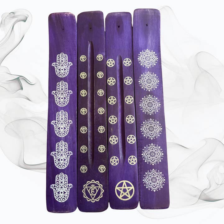 Handmade Purple Wooden Incense Holders, Assorted Designs 10' for wholesale by Magnifique Hearts