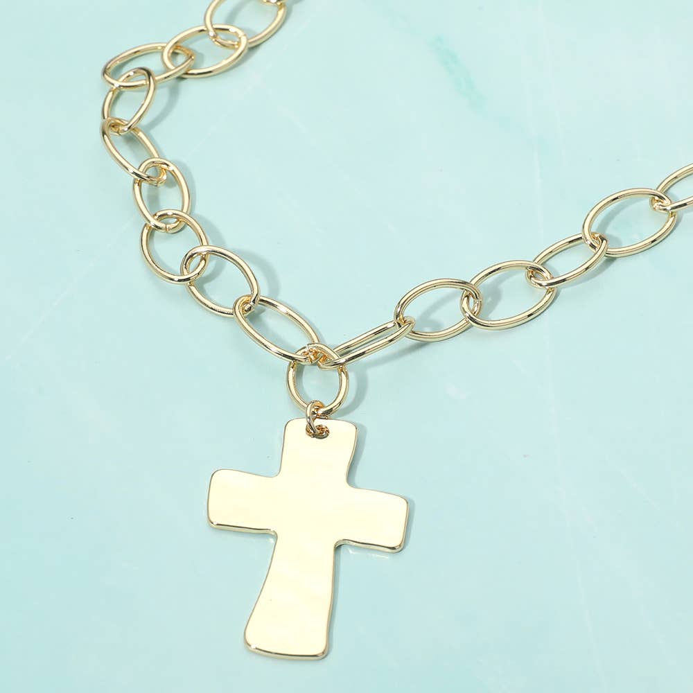 Sensibling Corp. – Colar pingente/pendente por atacado – Colar com Pingente de Cruz Grossa Banhado a Ouro 18K e Corrente de Elos Ovais0