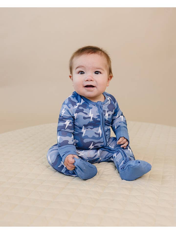 Lucky Panda Kids - Wholesale Jumpsuit - Baby - Bamboo Zip Romper | Blue Camo Bolts2