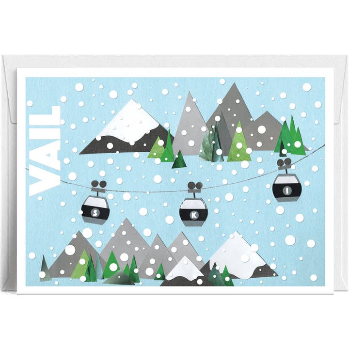 „Vail Gondel Schwarz Silber“ – Klassische Berggrußkarte für den Großhandel von Lilybart LLC