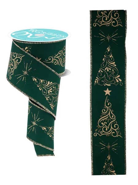 2.5" x 10yd Metallic Swirl Christmas Trees-Hunter Green/Gold-RGF162312 for wholesale by General Wholesale Inc