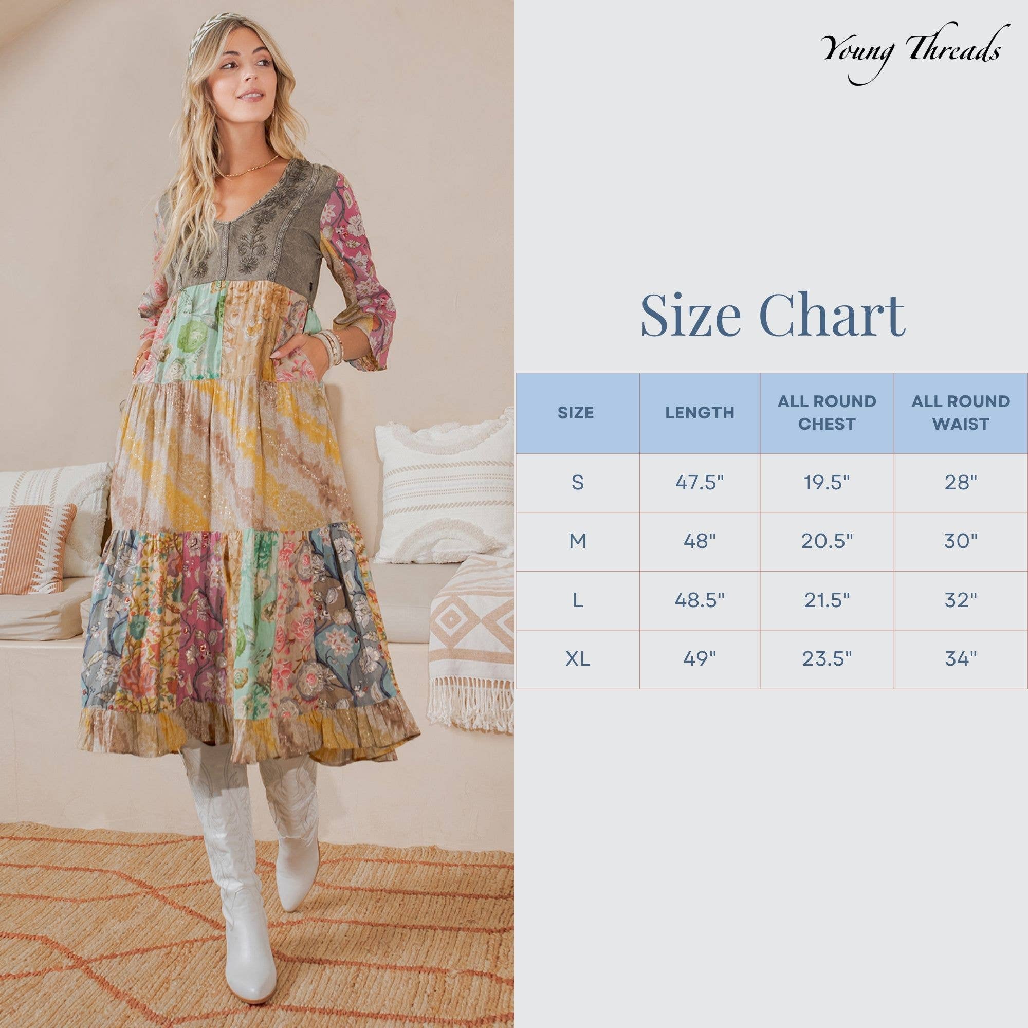 GRAVEL Rustic Bohemian : A-Line Patchwork Midi Dress  for wholesale on Faire5