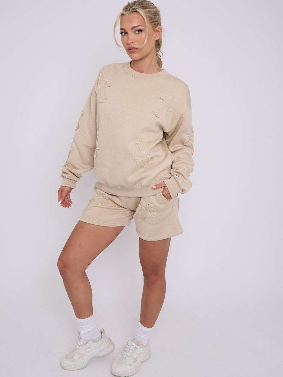 AX Labels - Wholesale Lounge Set - Women's - Crucifix Embroidered Sweatshirt & Shorts Fleece Co-ord23