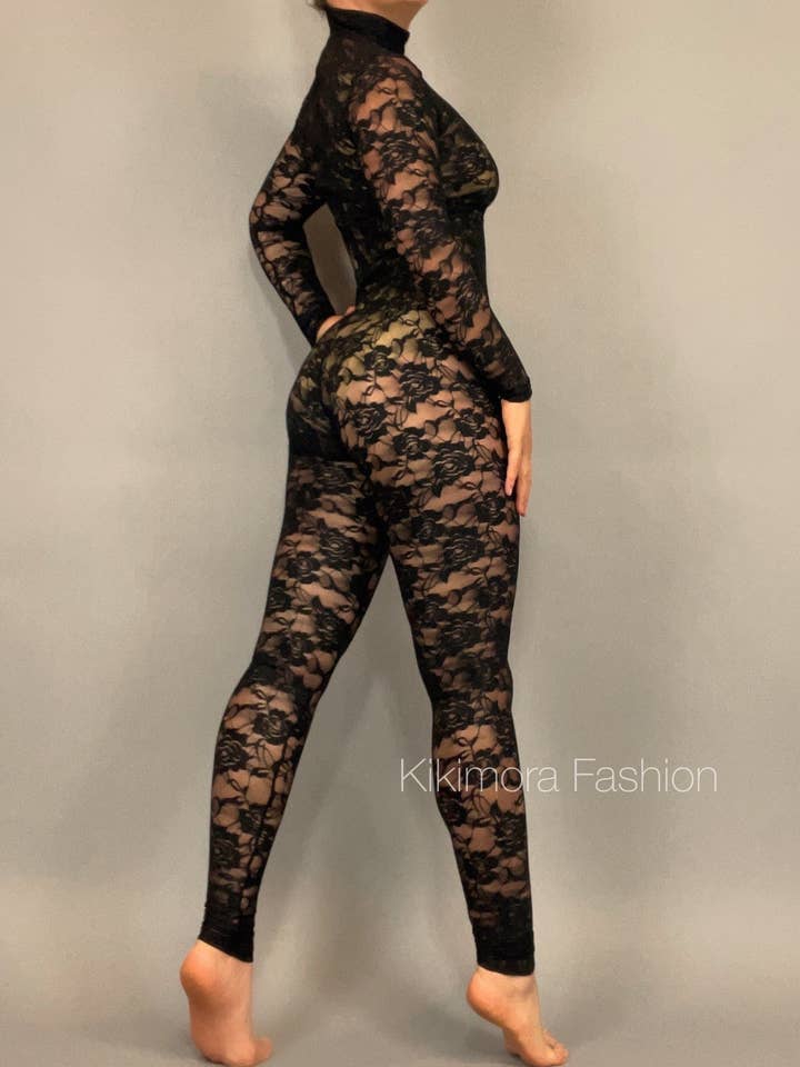 Sheer Black Lace Catsuit for Performers, Full Body Jumpsuit with Mock Neck & Long Sleeves, See-Through Floral Pattern in Stretch Lace Fabric for wholesale by Kikimora Fashion