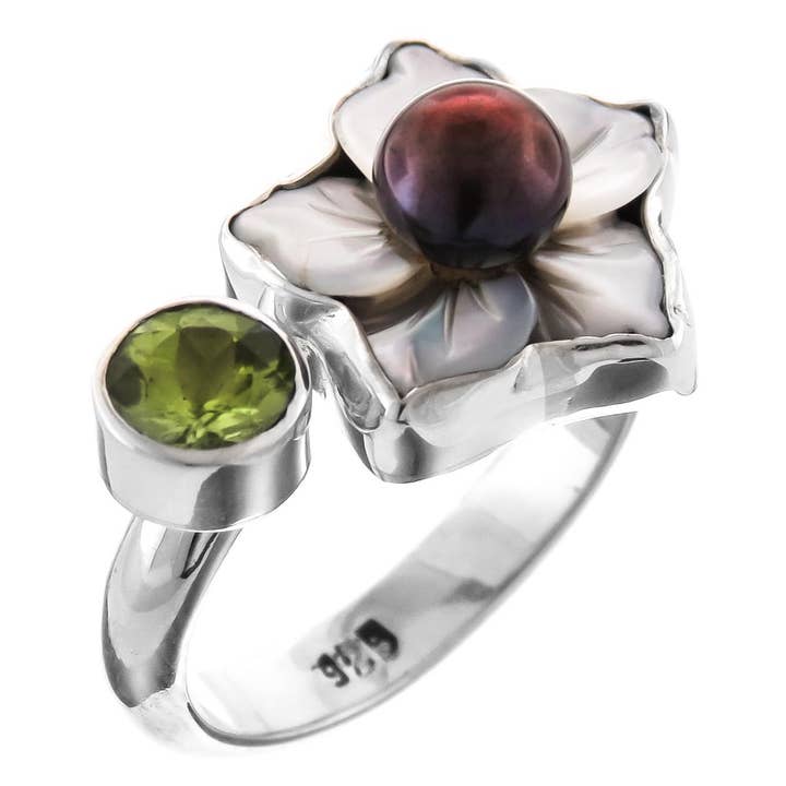 Peridot-Mutterperlenschalenblume Süßwasser-Zuchtperle 925 Sterling Silber Ring, US 7.5, 8 für den Großhandel von FifiRose