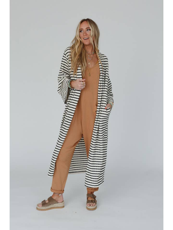 Three Bird Nest - Wholesale Cardigan - Women's - Venyx Striped Duster Cardigan - Cream Black