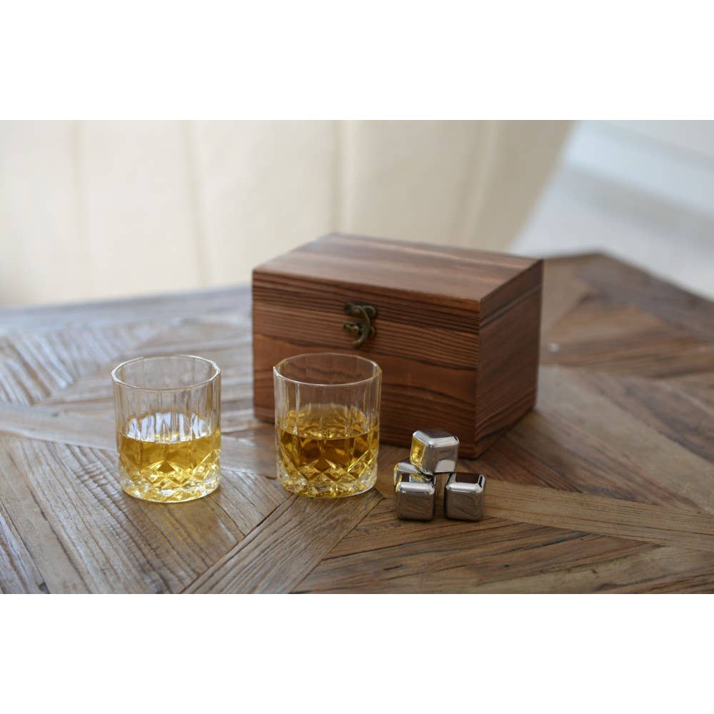 AULICA - Wholesale Cocktail/Liquor Glass - Wooden whisky box with 2 glasses, ice bag, and tongs2