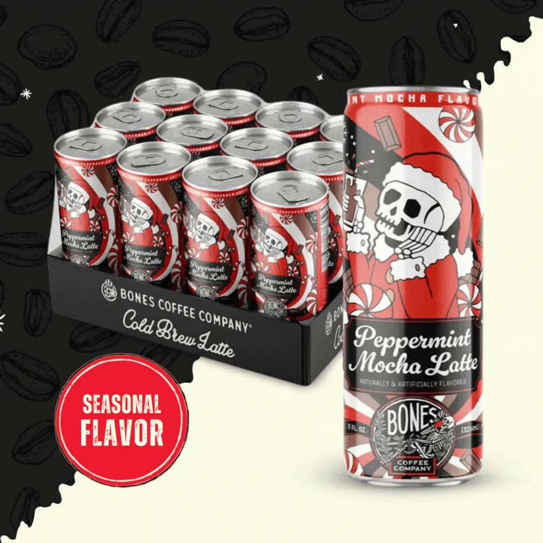 Bones Coffee Company - Venta al por mayor Café helado/infusiones frías - Latte de moca y menta | Paquete de 12 | Café helado navideño
